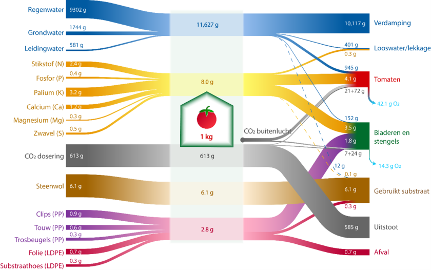 Materiaalstroomdiagram van water, meststoffen, CO2, substraat en plastic voor een tomatenteelt in Nederland. Let op; binnen 1 type materiaalstroom kan de grootte van verschillende stromen worden vergeleken. Zo is bijvoorbeeld te zien dat van de meststoffen, kalium het meest gebruikt wordt en magnesium het minst. Tussen verschillende materiaalstromen kan de grootte van stromen niet worden vergeleken. Er is voor deze visualisatiemethode gekozen omdat water verreweg de grootste stroom is, waardoor de andere materiaalstromen verwaarloosbaar klein zouden moeten worden afgebeeld. Bron: Van Tuyll, Boedijn et al. (2022) Materiaalstroomdiagram van water, meststoffen, CO2, substraat en plastic voor een tomatenteelt in Nederland. Let op; binnen 1 type materiaalstroom kan de grootte van verschillende stromen worden vergeleken. Zo is bijvoorbeeld te zien dat van de meststoffen, kalium het meest gebruikt wordt en magnesium het minst. Tussen verschillende materiaalstromen kan de grootte van stromen niet worden vergeleken. Er is voor deze visualisatiemethode gekozen omdat water verreweg de grootste stroom is, waardoor de andere materiaalstromen verwaarloosbaar klein zouden moeten worden afgebeeld. Bron: Van Tuyll, Boedijn et al. (2022)