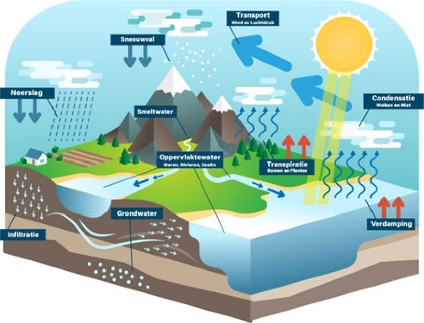 Een schematisch overzicht van de natuurlijke watercyclus op aarde. Aan de hand van dit plaatje wordt snel duidelijk dat neerslag een cruciale rol speelt in de waterbalans. In gebieden waar weinig neerslag valt, is het aanwezige grondwater vaak een natuurlijke reserve die in de loop van duizenden jaren is opgebouwd. De reserves raken uitgeput als mensen elk jaar meer water onttrekken dan er natuurlijk wordt aangevuld. Bron: VectorMine/Shutterstock.com Een schematisch overzicht van de natuurlijke watercyclus op aarde. Aan de hand van dit plaatje wordt snel duidelijk dat neerslag een cruciale rol speelt in de waterbalans. In gebieden waar weinig neerslag valt, is het aanwezige grondwater vaak een natuurlijke reserve die in de loop van duizenden jaren is opgebouwd. De reserves raken uitgeput als mensen elk jaar meer water onttrekken dan er natuurlijk wordt aangevuld. Bron: VectorMine/Shutterstock.com
