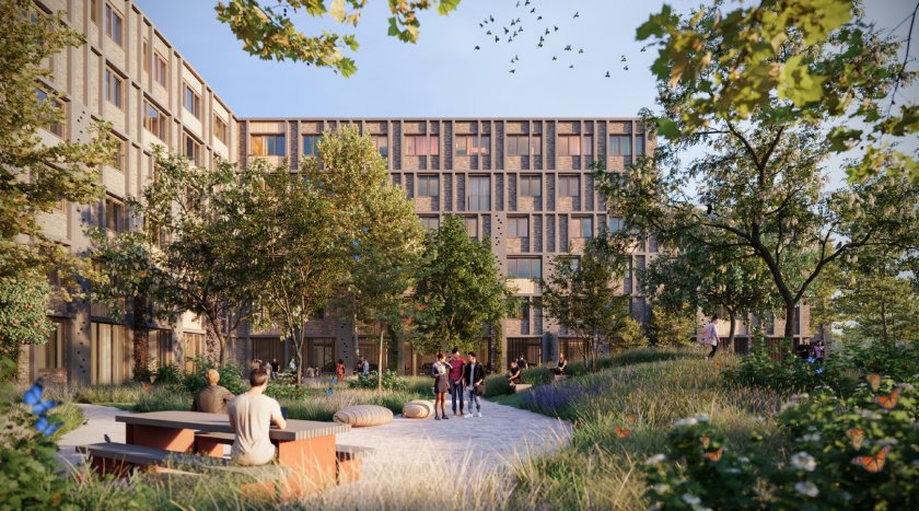 Impressie van de nieuwe studentenwoning die begin 2025 zullen worden gerealiseerd aan de Mansholtlaan Impressie van de nieuwe studentenwoning die begin 2025 zullen worden gerealiseerd aan de Mansholtlaan