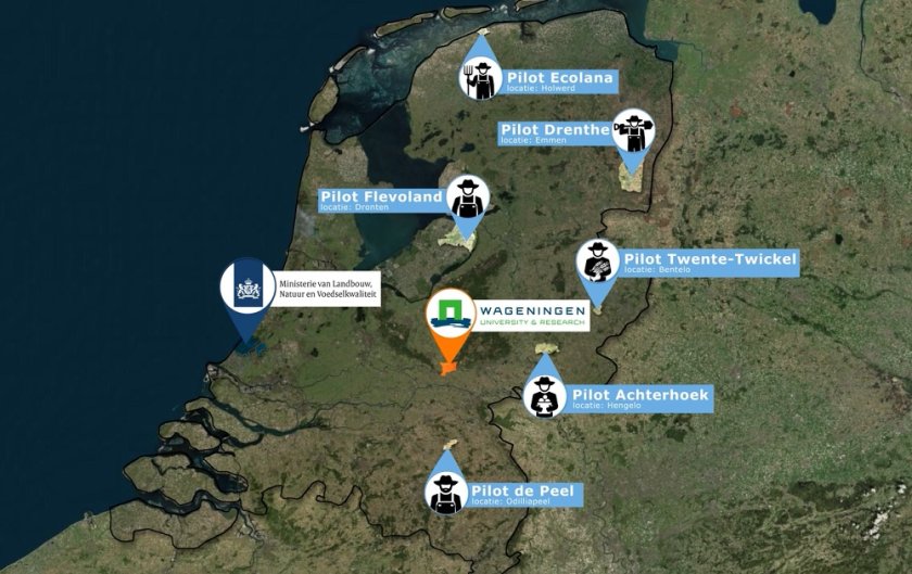 Six pilots: Ecolana in Holwerd, Drenthe in Emmen, Flevoland in Dronten, Twente-Twickel in Bentelo, Achterhoek in Hengelo and de Peel in Odiliapeel Six pilots: Ecolana in Holwerd, Drenthe in Emmen, Flevoland in Dronten, Twente-Twickel in Bentelo, Achterhoek in Hengelo and de Peel in Odiliapeel
