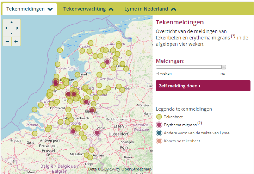 Overzicht van de meldingen van tekenbeten en erythema migrans(?) in de afgelopen vier weken Overzicht van de meldingen van tekenbeten en erythema migrans(?) in de afgelopen vier weken